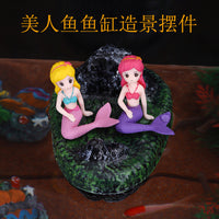 Mermaid and Raft Aquarium Ornament Set, Resin Fish Tank Decoration for Micro Landscape