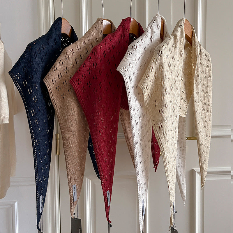 Korean Vintage Hollow Knit Triangle Shawl Scarf with Wool for Women