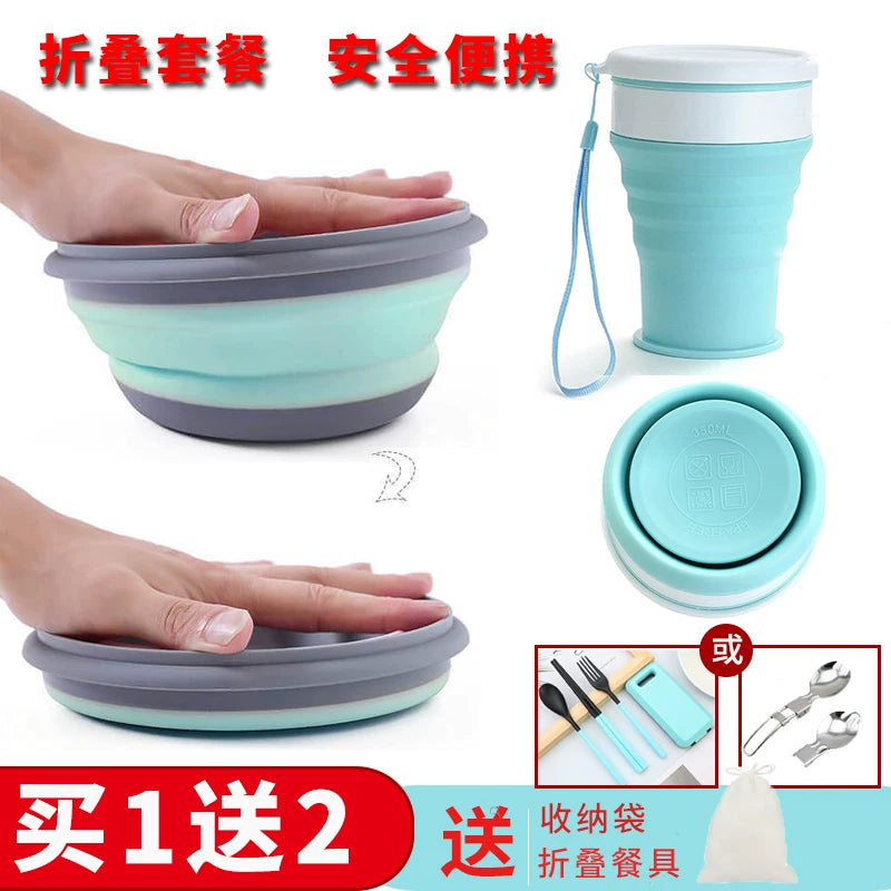 Portable Collapsible Silicone Bowl and Cup Set with Cutlery for Travel and Outdoor Dining