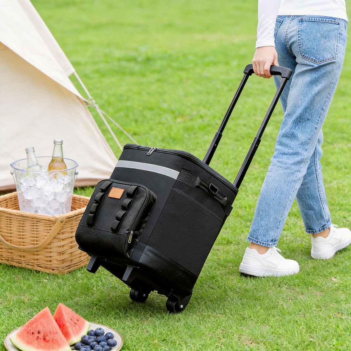 35L Portable Insulated Cooler Bag with Wheels for Outdoor Picnics and Food Delivery