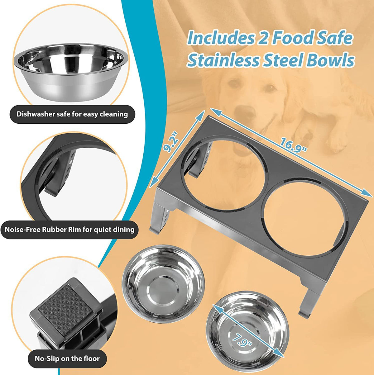 Adjustable Height Elevated Pet Feeder with Stainless Steel or Slow Feeder Bowls for Cats and Dogs