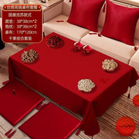 Red Wedding Tablecloth and Cushion Set with Fruit Plate and Dried Fruit Tray for Wedding Room Decoration