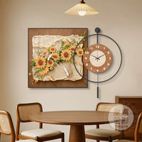 Mid-Century Style Sunflower Wall Art with Silent Clock for Dining Room & Living Room Decor