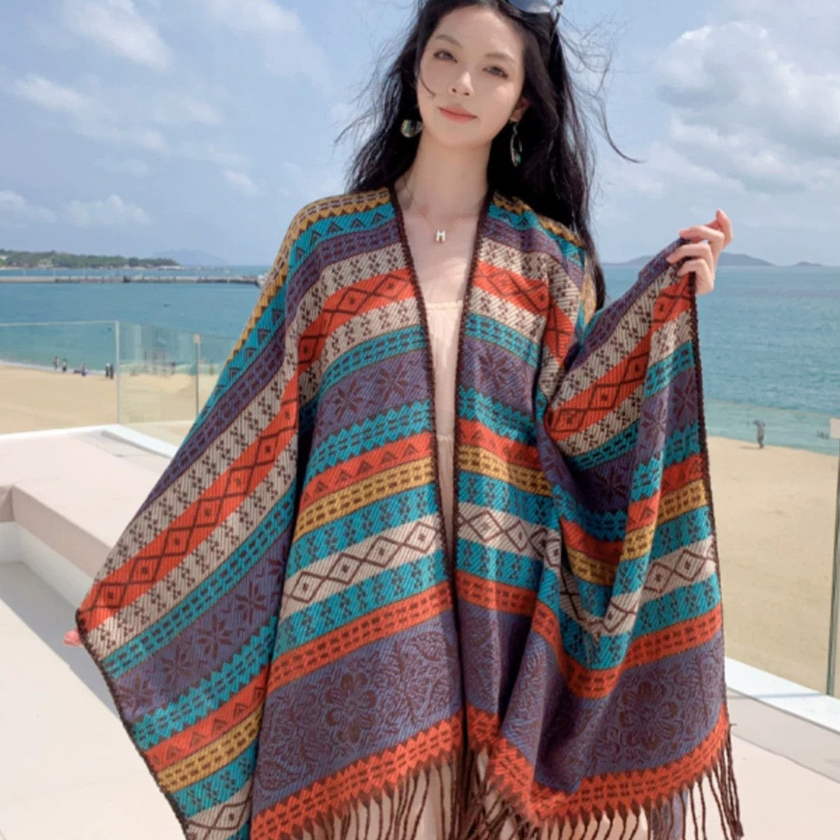 Ethnic Style Tassel Poncho Shawl for Travel and Warmth