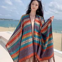 Ethnic Style Tassel Poncho Shawl for Travel and Warmth