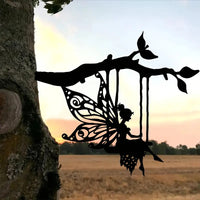 Black Metal Pixie Swinging on Tree Stump Figurine, Magical Forest Theme Decor