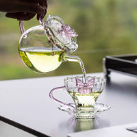 Pink Butterfly Transparent Glass Teacup with Handle and Saucer, Puer Tea Cup, Coffee Cup