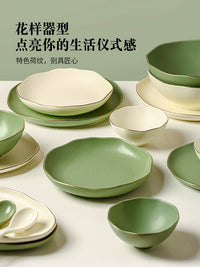 Luxury Ceramic Dinnerware Set with Gold Trim, Matcha Green Lotus Pattern, Gift Boxed