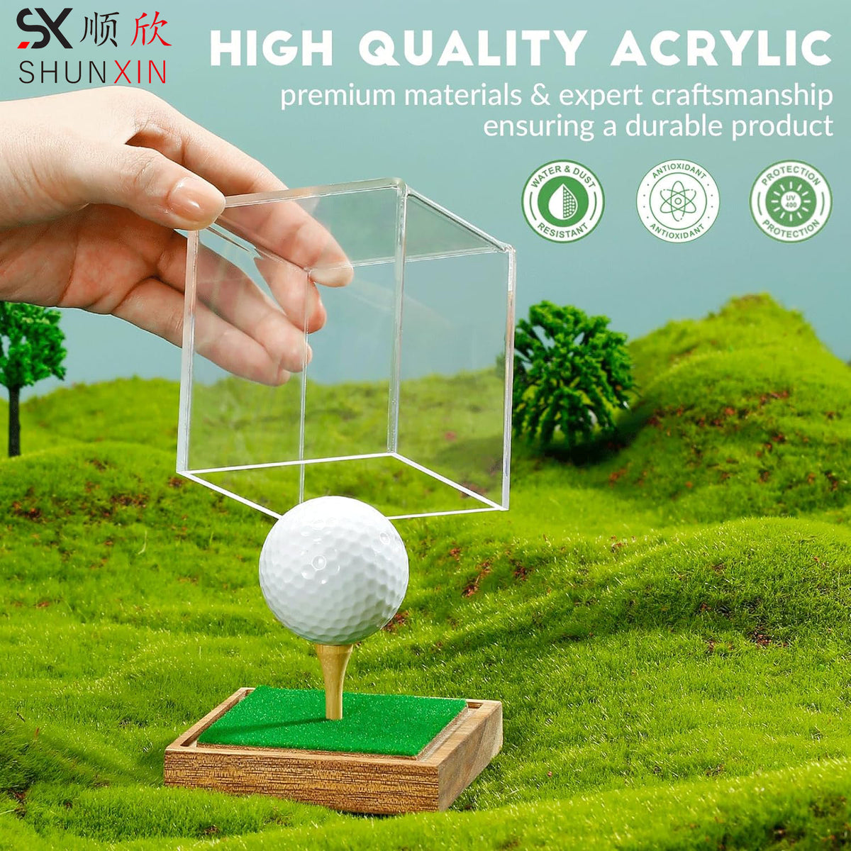 Acrylic Golf Ball Display Case with Wooden Base, Dustproof Storage Box