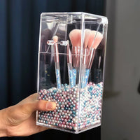 Acrylic Makeup Brush Holder with Lid and Pearl Fillers, Dustproof Cosmetic Organizer for Vanity