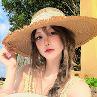 Lace Bowknot Straw Sun Hat for Women, French Style Wide Brim Beach Vacation UV Protection