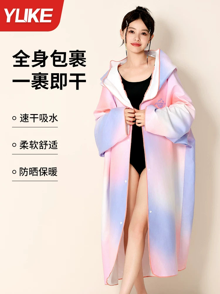 Hooded Quick-Dry Swim Poncho Towel for Adults - Wearable Absorbent Beach Robe with Sun Protection