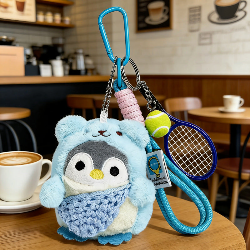 Cute Penguin Plush Keychain with Crossbody Bag and Sports Racket