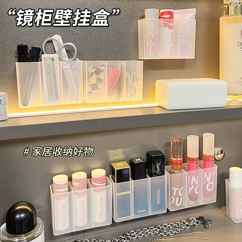 Wall-Mounted 3-Compartment Organizer for Small Items, No-Drill Storage for Tweezers, Scissors, Eyebrow Pencils, Brushes, Lipsticks