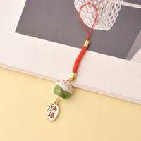 Japanese Lucky Cat Ceramic Phone Charm with Braided Lanyard for Bags and Gifts