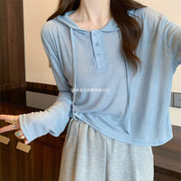 Women's Hooded Sun Protection T-Shirt Thin Loose Short Ice Silk Long Sleeve Top