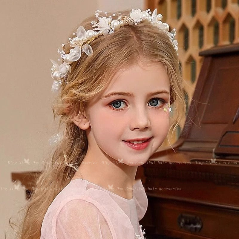 Girls' Princess Crown Headband with Pearl Flowers and Ribbons for Parties and Costumes