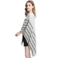 Women's Faux Cashmere Striped Tassel Poncho Sweater