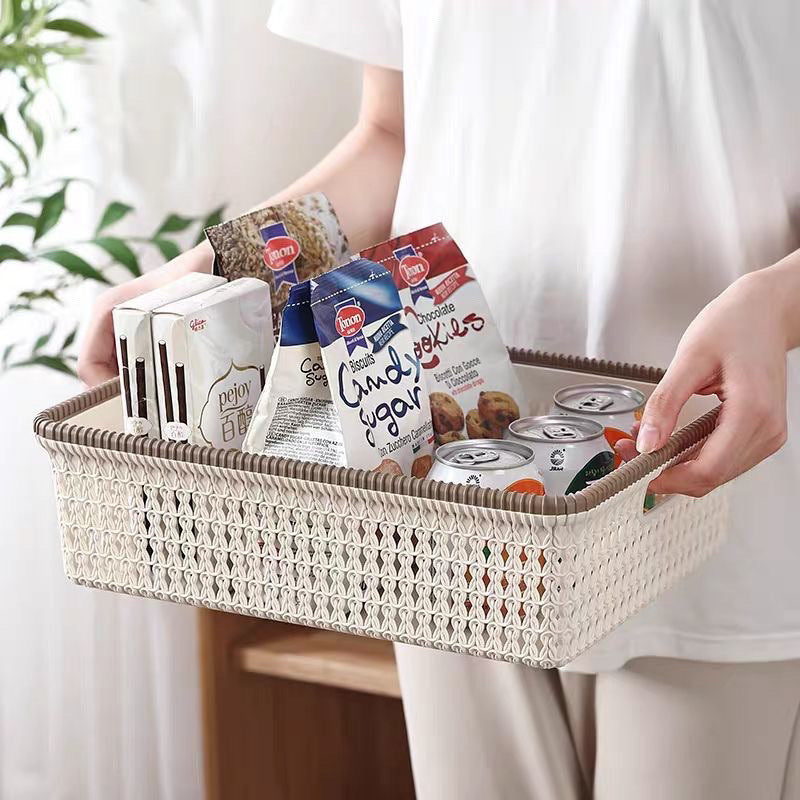 Desktop Imitation Rattan Storage Basket Plastic Hollow Organizer for Snacks, Sundries, Kitchen, Toys