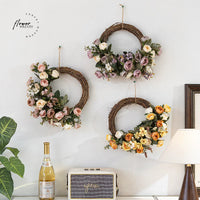 Natural Rattan Woven Floral Wreath Wall Decor Artificial Flower Hanging for Home Window Display