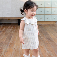 Girls' Korean Style Sweet Striped Lace Collar Sleeveless Dress