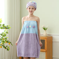 Coral Fleece Hair Drying Cap and Bath Towel Set with Floral Design