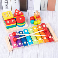Kids Wooden Xylophone Lacing Clock Rainbow Stacking Blocks Educational Toy Set