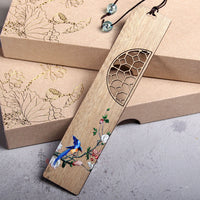 Exquisite Hand-Painted Floral Bird Wooden Bookmark with Pen Gift Set