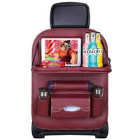 Premium Leather Car Seat Back Organizer with Kick Mat and Tray Table