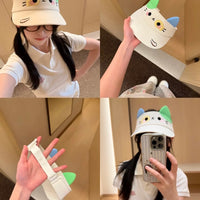 Cute Floral Cat Topless Sun Visor for Women, Wide Brim UV Protection, Face Slimming Design