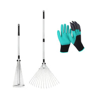 Retractable Garden Leaf Rake with Hand Protection Set, Stainless Steel 15-Tooth Agricultural Tool