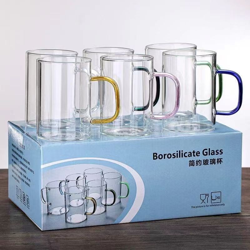 Heat-Resistant Borosilicate Glass Mugs with Colored Handles, Set of 6