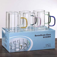 Heat-Resistant Borosilicate Glass Mugs with Colored Handles, Set of 6