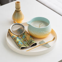 Japanese Matcha Bowl Set with Whisk and Spout, Mountain and Sea Design