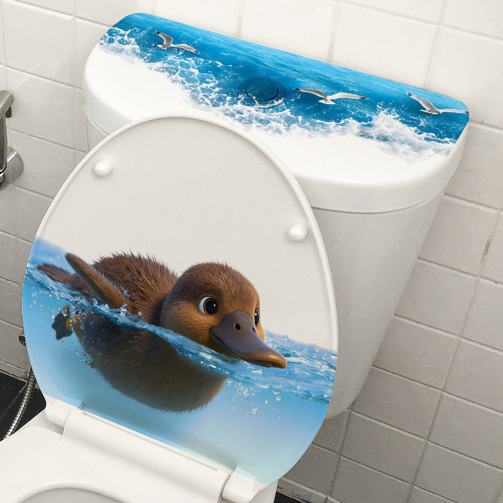 Cartoon Swimming Duck Seagull Toilet Lid Sticker, Funny Waterproof Bathroom Decor Decal