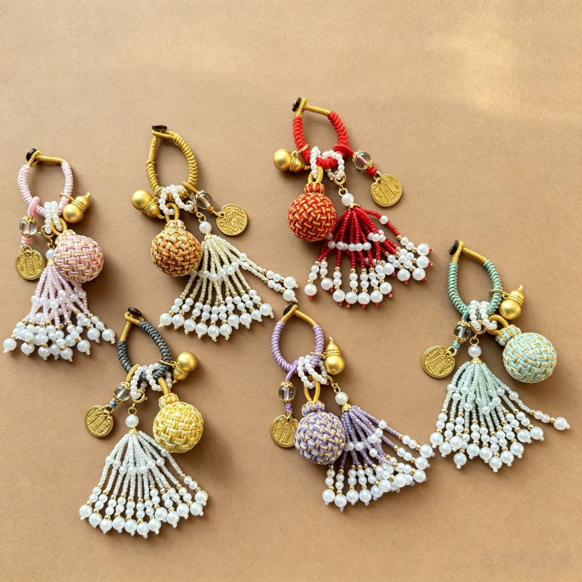 Five-Way God of Wealth Tassel Keychain Pendant for Car or Bag