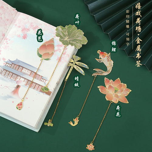Dragonfly Lotus Metal Bookmark with Gift Box, Chinese Style Creative Souvenir for Students and Teachers