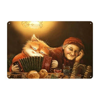 Vintage American Style Tin Metal Wall Decor Plaque - Old Man and Cat Balcony Garden Home Art