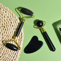 Black Bian Stone 3-Piece Jade Roller and Gua Sha Massage Tool Set for Face and Body