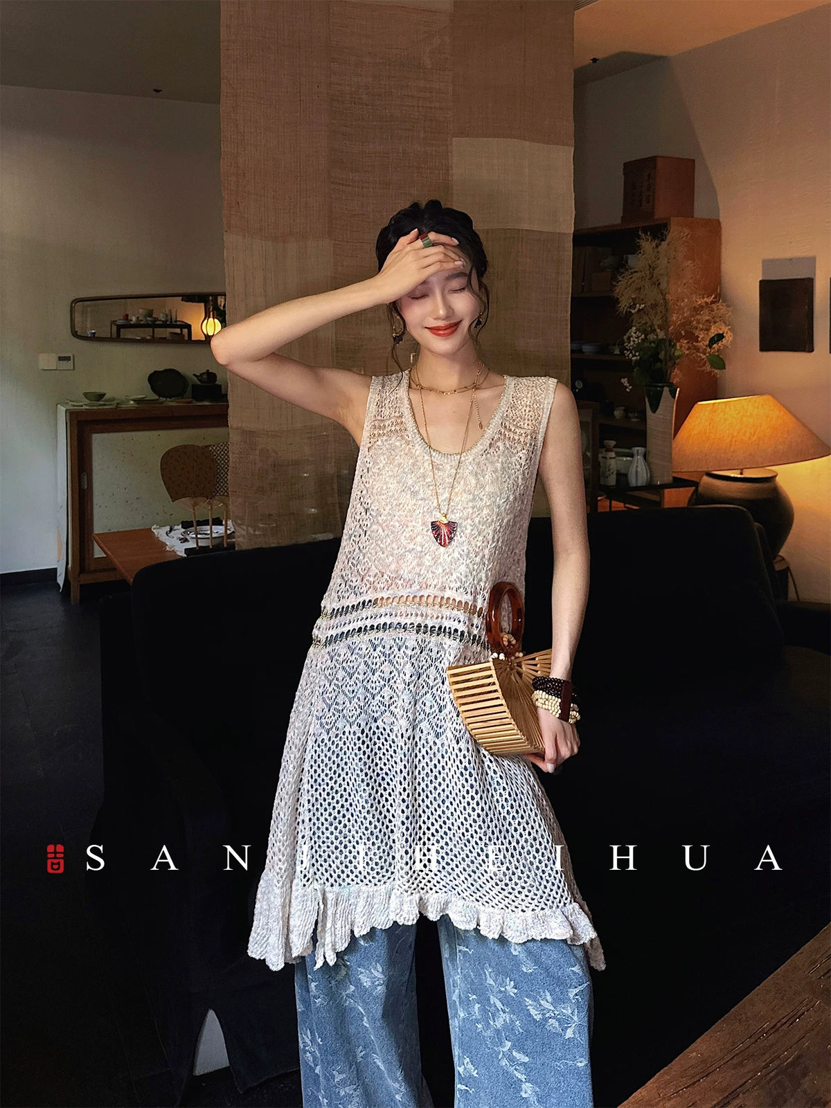 Sanjihua Knitted Sleeveless Dress for Women, Summer Floral Ice Silk Hollow Out