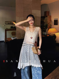 Sanjihua Knitted Sleeveless Dress for Women, Summer Floral Ice Silk Hollow Out