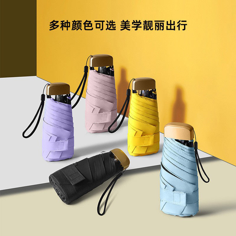 Mini Capsule Umbrella UV Protection Sunshade with Black Coating, 6-Fold Compact Pocket Umbrella for Sun and Rain