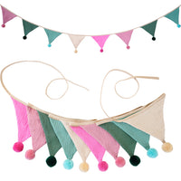Kids Double-Layer Cotton Crepe Pom-Pom Solid Color Triangle Flag Banner for Birthday Party Kindergarten Camping Decoration