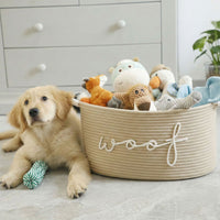 Handwoven Cotton Rope Pet Toy Storage Basket with "WOOF" Design