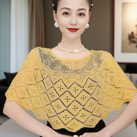 Sequined Knit Poncho Shawl with Brooch for Women, Sun Protection Air Conditioning Cover Up, Thin Summer Style