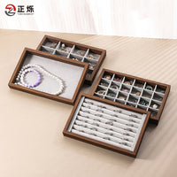 Walnut Wood Velvet Jewelry Display Tray for Rings Necklaces Earrings Bracelets, Large Capacity Organizer for Store Counter