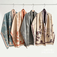 Winter Ethnic Style Jacquard Scarf with Frog Buttons, Double-Sided Thickened Warm Shawl