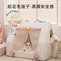 Princess Style Pet Tent Bed for Cats and Small Dogs, Enclosed Triangle Pet House with Removable Curtain, All Seasons