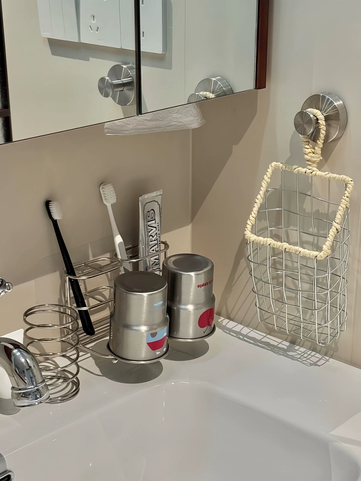 304 Stainless Steel Toothbrush Holder & Mouthwash Cup Organizer with Towel Basket, No-Drill Wall Mount