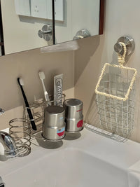 304 Stainless Steel Toothbrush Holder & Mouthwash Cup Organizer with Towel Basket, No-Drill Wall Mount